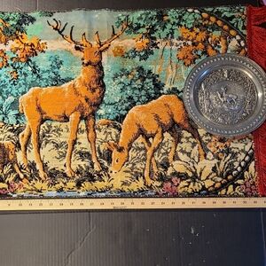 Rustic Deer Tapestry And  WMF Zinn pewter decorative plate. Vintage